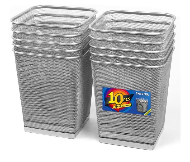 View 1 of 10-Pack Silver Square Metal Trash Cans, 6 Gallon Capacity, Mesh Design, Non-Slip Base, Smooth Edges, Suitable for Office, Home, School