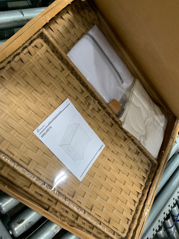 View 3 of 130L Wicker Laundry Hamper with Lid, 3-Section Laundry Basket