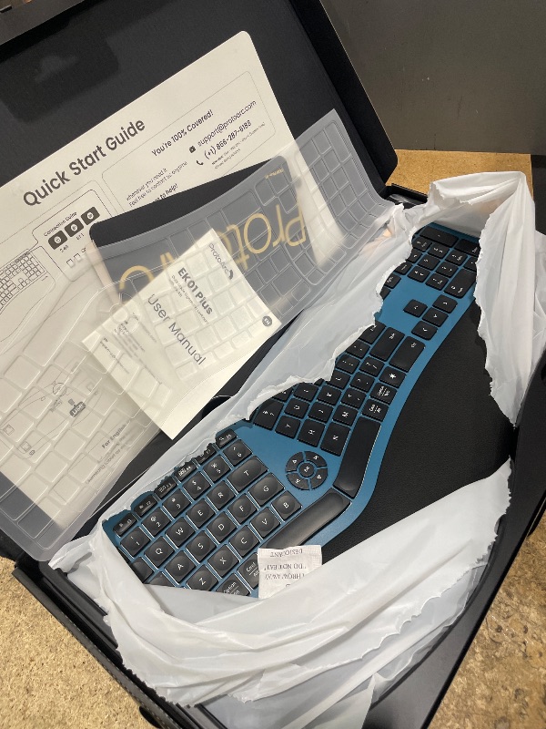 View 3 of
ProtoArc EK01 Plus Backlit Bluetooth Ergonomic Keyboard, Full Size, Blue | Adjustable brightness, split design, cushioned wrist rest, connect 3 devices