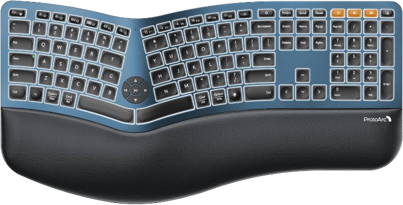 View 1 of
ProtoArc EK01 Plus Backlit Bluetooth Ergonomic Keyboard, Full Size, Blue | Adjustable brightness, split design, cushioned wrist rest, connect 3 devices