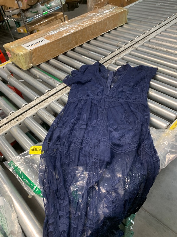 View 2 of ***STOCK PHOTO FOR REFERENCE **Eleter Women's Deep V-Neck Lace Romper Short Sleeve Long Dress(L,Blue)
