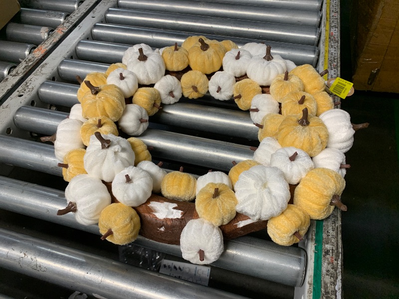 Photo 1 of ***DAMAGED - SEE NOTES/PICTURES*** Boston International Artificial Fall Wreath Front Door & Wall Thanksgiving Decorations for Home, 28", White & Cream Velvet Pumpkins