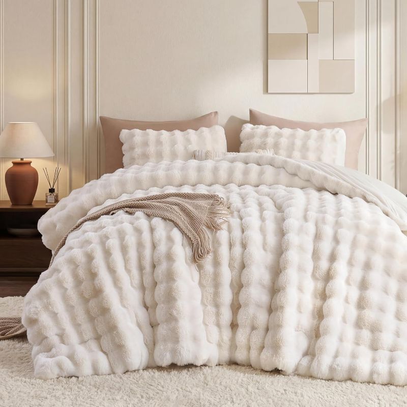 View 1 of ***STOCK PHOTO FOR REFERENCE ONLY*** Smoofy Faux Rabbit Fur Bubble Comforter Set - Full, Tie-Dye Beige