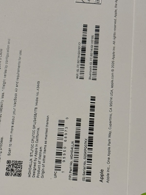 Photo 1 of Apple 2026 MacBook Air 13-inch Laptop with M5 chip: Built for AI, 13.6-inch Liquid Retina Display, 24GB Unified Memory, 1TB SSD, 12MP Center Stage Camera, Touch ID, Wi-Fi 7; Starlight