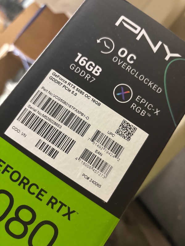 Photo 1 of PNY NVIDIA GeForce RTX™ 5080 Epic-X™ ARGB OC Triple Fan, Graphics Card (16GB GDDR7, 256-bit, Boost Speed: 2775 MHz, PCIe® 5.0, HDMI®/DP 2.1, 2.99-Slot, NVIDIA Blackwell Architecture, DLSS 4)