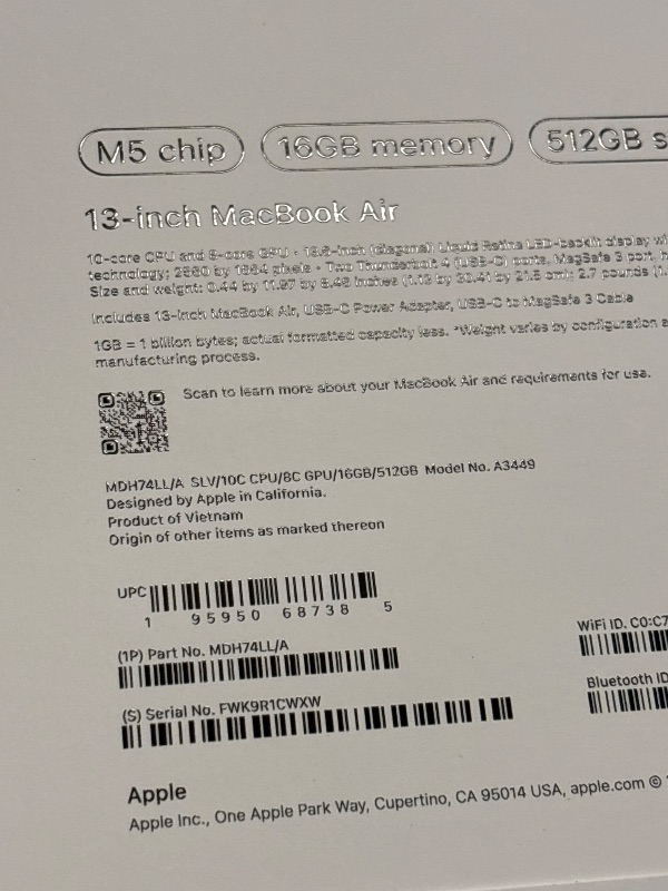 Photo 1 of Apple 2026 MacBook Air 13-inch Laptop with M5 chip: Built for AI, 13.6-inch Liquid Retina Display, 16GB Unified Memory, 512GB SSD, 12MP Center Stage Camera, Touch ID, Wi-Fi 7; Silver