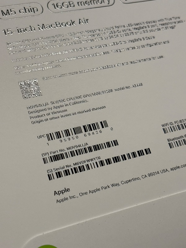 Photo 1 of Apple 2026 MacBook Air 15-inch Laptop with M5 chip: Built for AI, 15.3-inch Liquid Retina Display, 16GB Unified Memory, 512GB SSD, 12MP Center Stage Camera, Touch ID, Wi-Fi 7; Silver