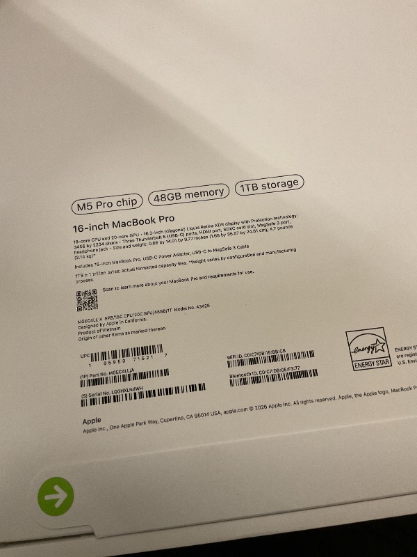 Photo 1 of Apple 2026 MacBook Pro Laptop with Apple M5 Pro chip with 18-core CPU and 20-core GPU: Built for AI, 16.2-inch Liquid Retina XDR Display, 48GB Unified Memory, 1TB SSD, Wi-Fi 7; Space Black