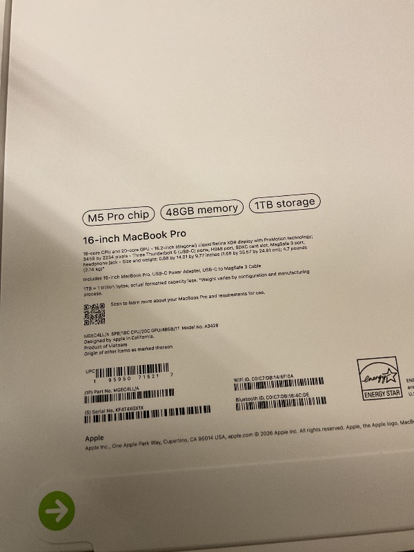 Photo 1 of Apple 2026 MacBook Pro Laptop with Apple M5 Pro chip with 18-core CPU and 20-core GPU: Built for AI, 16.2-inch Liquid Retina XDR Display, 48GB Unified Memory, 1TB SSD, Wi-Fi 7; Space Black