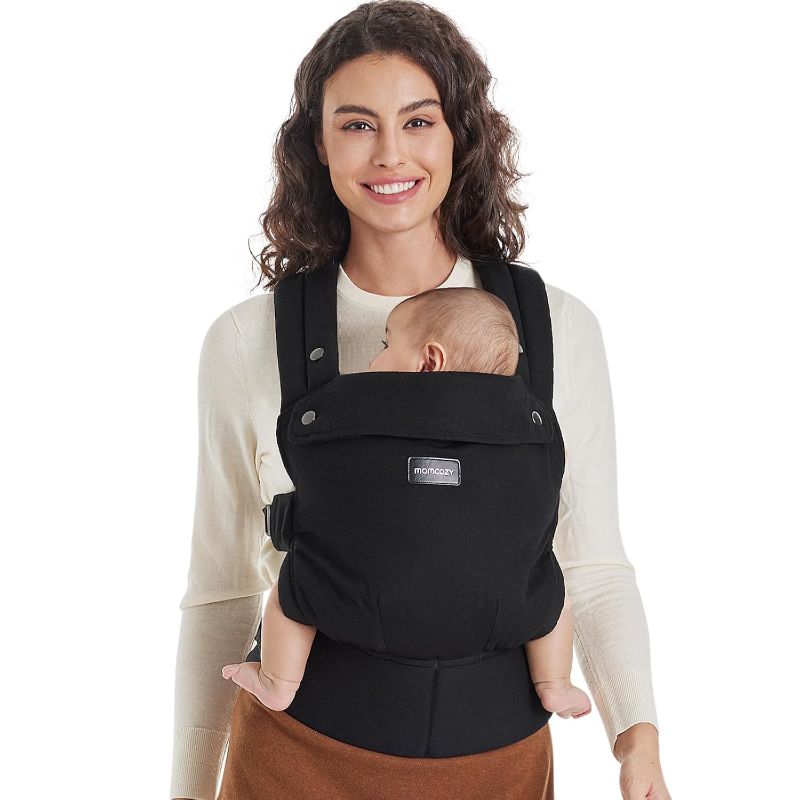Photo 1 of Momcozy PureHug Baby Carrier - Ergonomic, Cozy and Lightweight for 7-45 lbs | Easy to Put On, IHDI Hip-Healthy, 3D EVA Lumbar Support, X-Straps for Even Weight Distribution, 100% Cotton, Black
