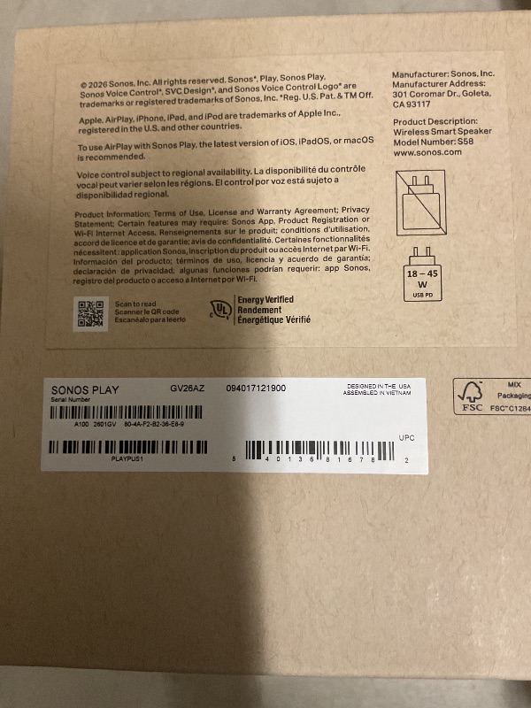 Photo 1 of Sonos Play Portable Bluetooth Speaker - White