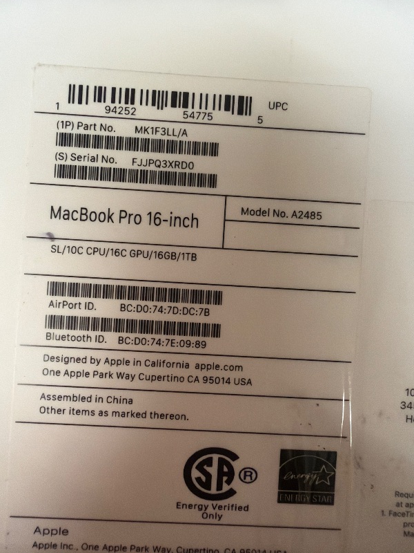 Photo 1 of Apple Late 2021 MacBook Pro with Apple M1 Pro chip, 16-inch, 16GB RAM, 1TB SSD, Space Gray