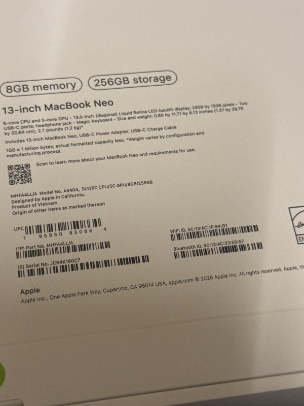Photo 1 of Apple 2026 MacBook Neo 13-inch Laptop with A18 Pro chip: Built for AI and Apple Intelligence, Liquid Retina Display, 8GB Unified Memory, 256GB SSD Storage, 1080p FaceTime HD Camera; Silver
