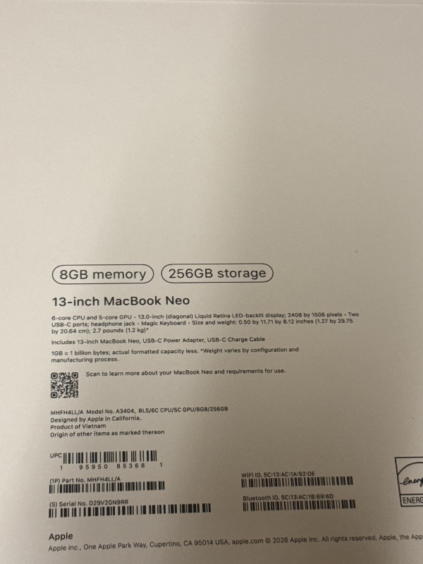 Photo 1 of Apple 2026 MacBook Neo 13-inch Laptop with A18 Pro chip: Built for AI and Apple Intelligence, Liquid Retina Display, 8GB Unified Memory, 256GB SSD Storage, 1080p FaceTime HD Camera; Blush