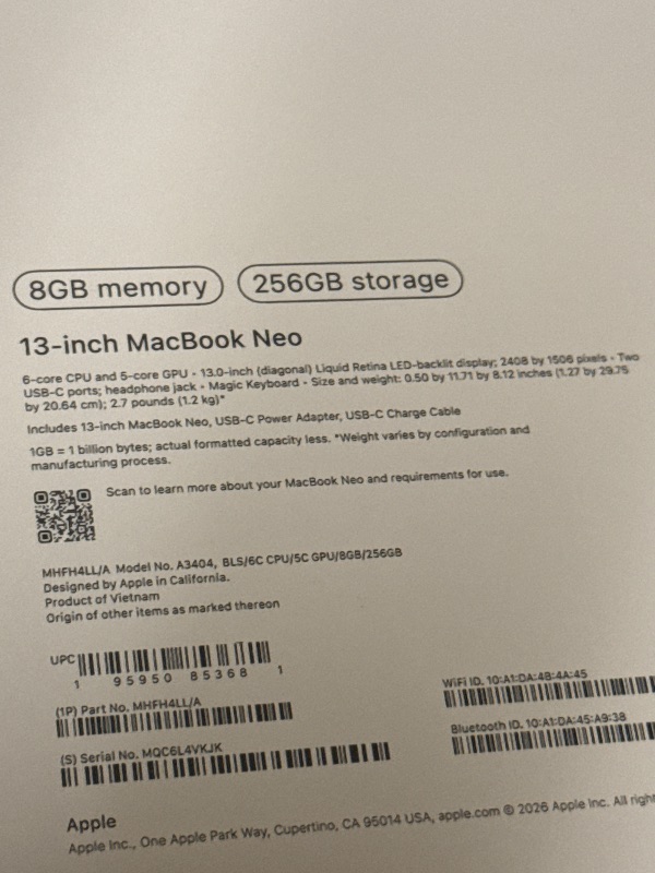 Photo 1 of Apple 2026 MacBook Neo 13-inch Laptop with A18 Pro chip: Built for AI and Apple Intelligence, Liquid Retina Display, 8GB Unified Memory, 256GB SSD Storage, 1080p FaceTime HD Camera; Blush