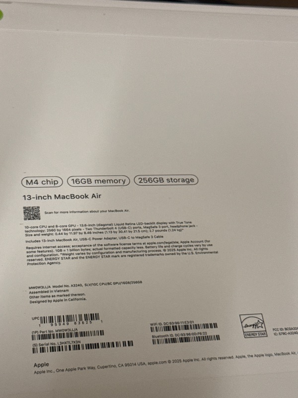 Photo 1 of Apple 2025 MacBook Air 13-inch Laptop with M4 chip: Built for Apple Intelligence, 13.6-inch Liquid Retina Display, 16GB Unified Memory, 256GB SSD Storage, 12MP Center Stage Camera, Touch ID; Silver