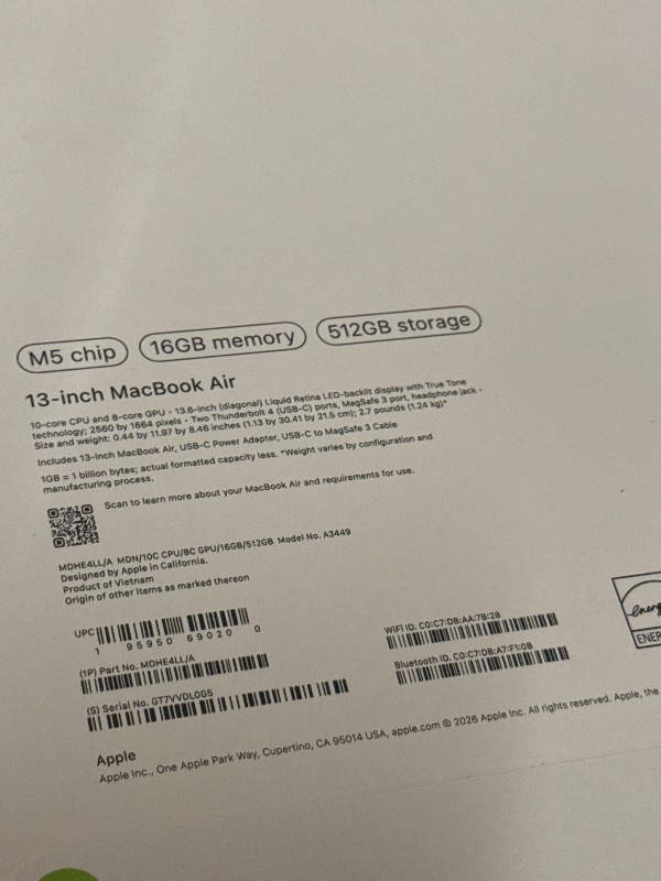 Photo 1 of Apple 2026 MacBook Air 13-inch Laptop with M5 chip: Built for AI, 13.6-inch Liquid Retina Display, 16GB Unified Memory, 512GB SSD, 12MP Center Stage Camera, Touch ID, Wi-Fi 7; Midnight