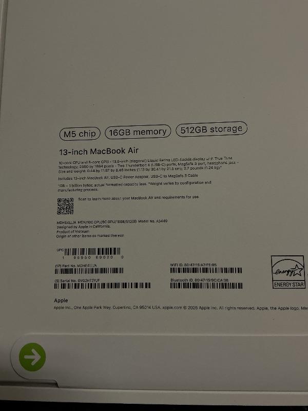 Photo 1 of Apple 2026 MacBook Air 13-inch Laptop with M5 chip: Built for AI, 13.6-inch Liquid Retina Display, 16GB Unified Memory, 512GB SSD, 12MP Center Stage Camera, Touch ID, Wi-Fi 7; Midnight