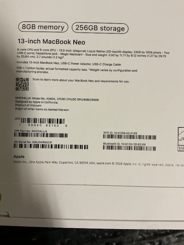 Photo 1 of Apple 2026 MacBook Neo 13-inch Laptop with A18 Pro chip: Built for AI and Apple Intelligence, Liquid Retina Display, 8GB Unified Memory, 256GB SSD Storage, 1080p FaceTime HD Camera; Citrus