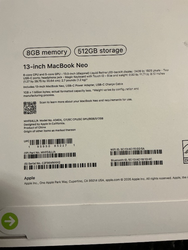 Photo 1 of Apple 2026 MacBook Neo 13-inch Laptop with A18 Pro chip: Built for AI and Apple Intelligence, Liquid Retina Display, 8GB Unified Memory, 512GB SSD Storage, 1080p FaceTime HD Camera, Touch ID; Citrus