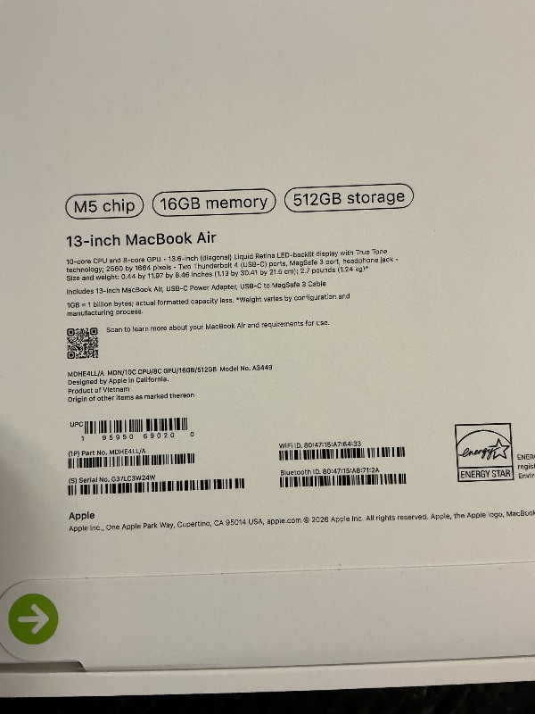 Photo 1 of Apple 2026 MacBook Air 13-inch Laptop with M5 chip: Built for AI, 13.6-inch Liquid Retina Display, 16GB Unified Memory, 512GB SSD, 12MP Center Stage Camera, Touch ID, Wi-Fi 7; Midnight