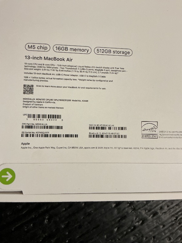 Photo 1 of Apple 2026 MacBook Air 13-inch Laptop with M5 chip: Built for AI, 13.6-inch Liquid Retina Display, 16GB Unified Memory, 512GB SSD, 12MP Center Stage Camera, Touch ID, Wi-Fi 7; Midnight