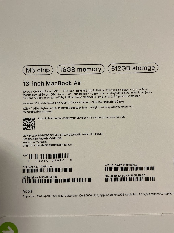 Photo 1 of Apple 2026 MacBook Air 13-inch Laptop with M5 chip: Built for AI, 13.6-inch Liquid Retina Display, 16GB Unified Memory, 512GB SSD, 12MP Center Stage Camera, Touch ID, Wi-Fi 7; Midnight