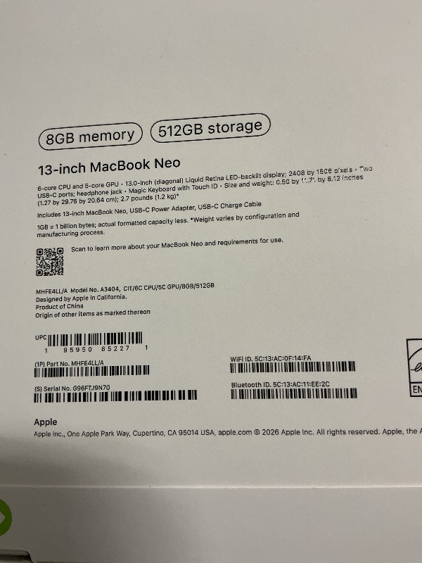 Photo 1 of Apple 2026 MacBook Neo 13-inch Laptop with A18 Pro chip: Built for AI and Apple Intelligence, Liquid Retina Display, 8GB Unified Memory, 512GB SSD Storage, 1080p FaceTime HD Camera, Touch ID; Citrus