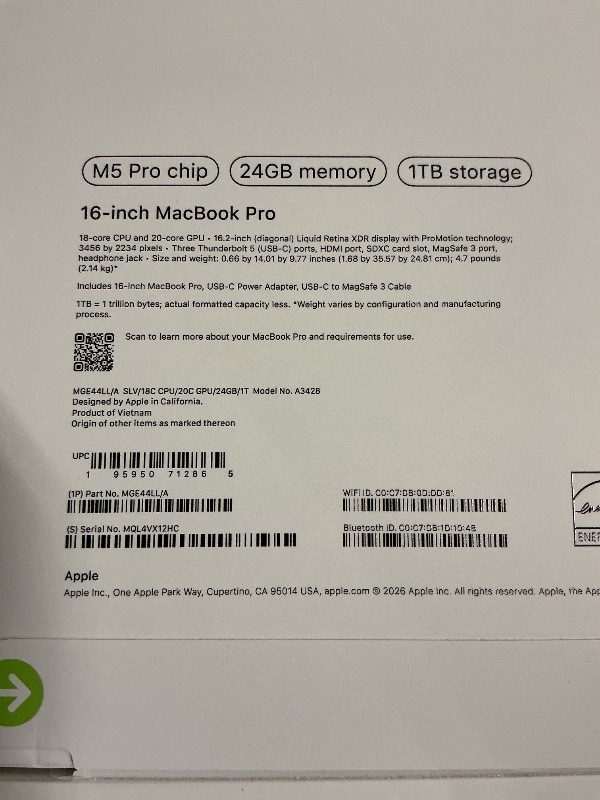 Photo 1 of Apple 2026 MacBook Pro Laptop with Apple M5 Pro chip with 18-core CPU and 20-core GPU: Built for AI, 16.2-inch Liquid Retina XDR Display, 24GB Unified Memory, 1TB SSD, Wi-Fi 7; Silver