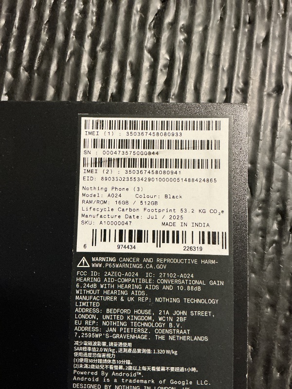 Photo 1 of Nothing Phone (3) Cell Phone, 5G Unlocked Phones 512GB, Android 15, Snapdragon 8s Gen4, AI Mobile Phones with Four 50MP Cameras & AMOLED Display, 5150mAh, Glyph Interface, Smartphone Black000473575000844