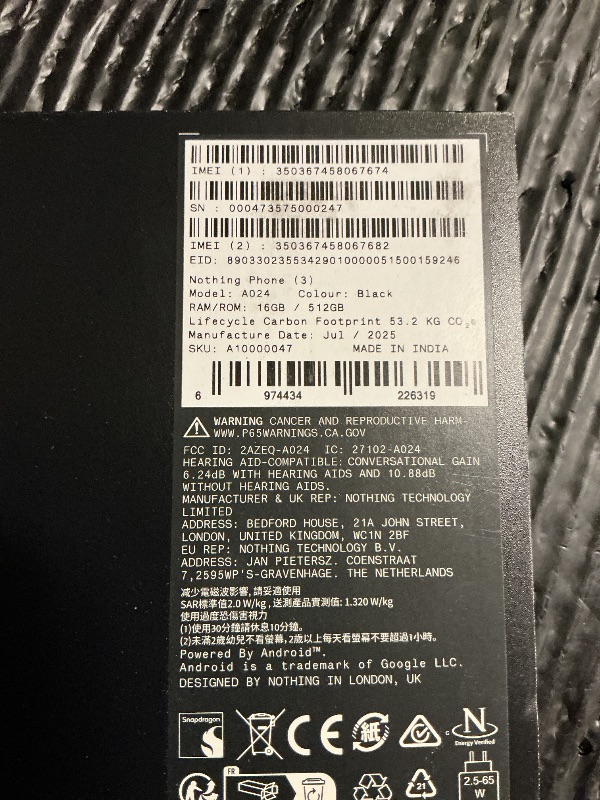 Photo 1 of Nothing Phone (3) Cell Phone, 5G Unlocked Phones 512GB, Android 15, Snapdragon 8s Gen4, AI Mobile Phones with Four 50MP Cameras & AMOLED Display, 5150mAh, Glyph Interface, Smartphone Black