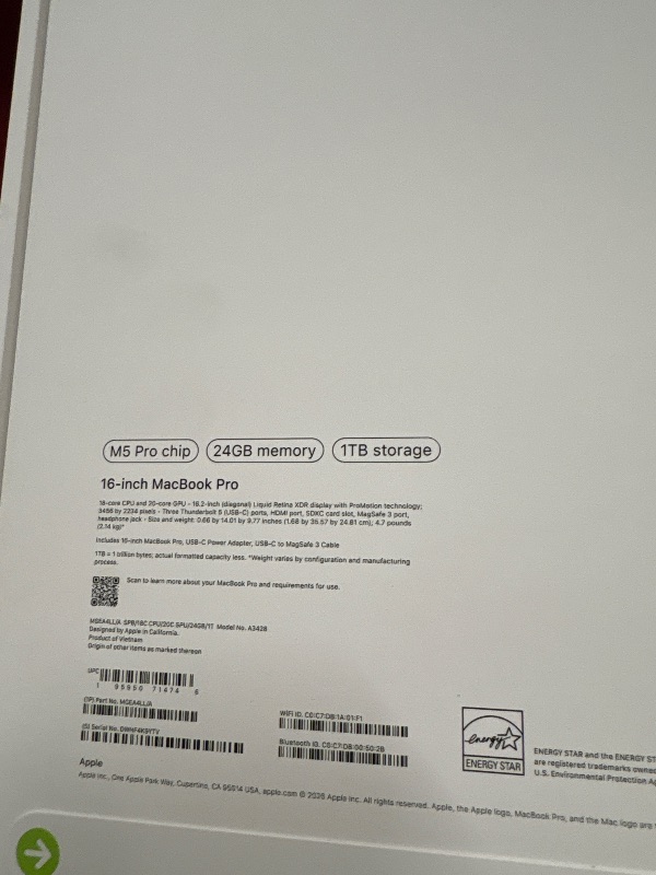 Photo 1 of 16-Inch MacBook Pro M5 pro chip, 24GB Memory, 1TB Storage