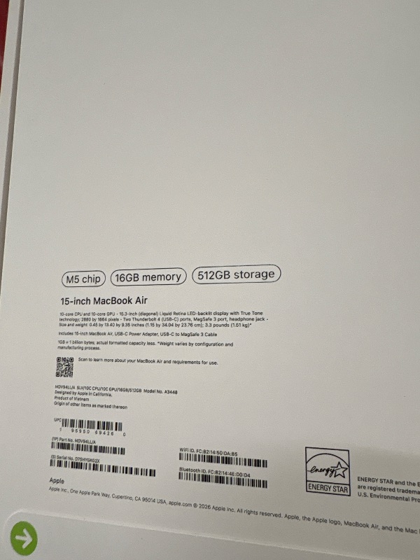 Photo 1 of 15-Inch MacBook Air M5 Chip, 16GB Memory, 512 GB Storage