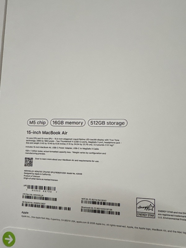 Photo 1 of 15-Inch MacBook Air M5 Chip, 16GB Memory, 512 GB Storage