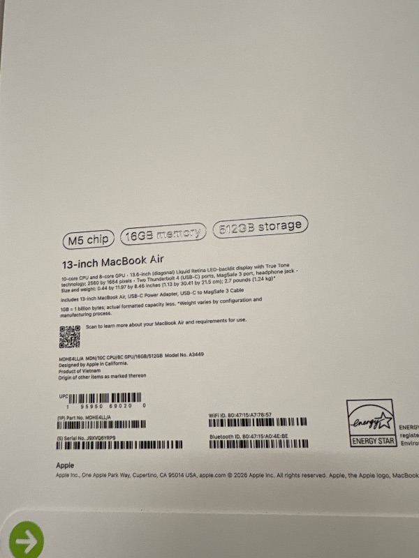 Photo 1 of 13-Inch MacBook Air M5 Chip, 16GB Memory, 512 GB Storage