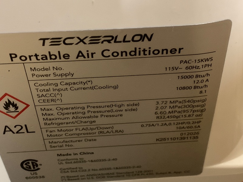 View 3 of ***FACTORY SEALED *** TECXERLLON 15,000 BTU Portable Air Conditioner - White