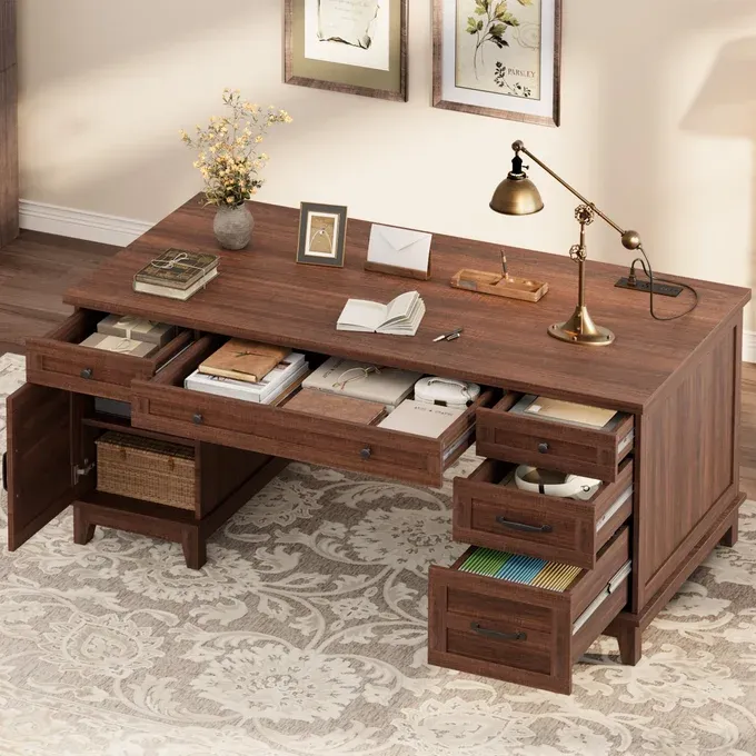 View 1 of ***PARTIAL SET*** Garvee Executive Computer Desk 60" with Built-in Charging Station & USB Ports – File Cabinet & Spacious Drawers – Farmhouse Wooden Home Office Writing Table, Brown