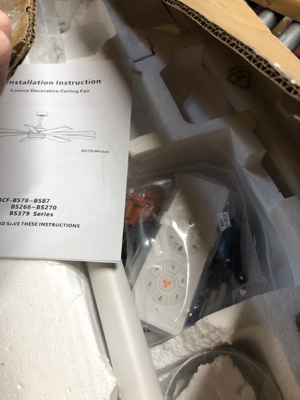 View 2 of ****USED UNKOWN IF MISSING PIECES****
LEDLUX 84" Ceiling Fan with Light, White, Reversible DC Motor, 6-Speed Remote