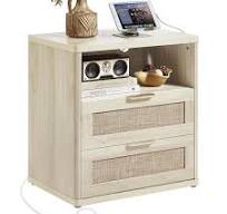 View 1 of ***STOCK PHOTO FOR REFERENCE ONLY***C Leyaoyao Farmhouse Night Stand with Charging Station, Side Table with 2 Rattan Drawers, Adult Wood Bedside Table for Bedroom, Walnut