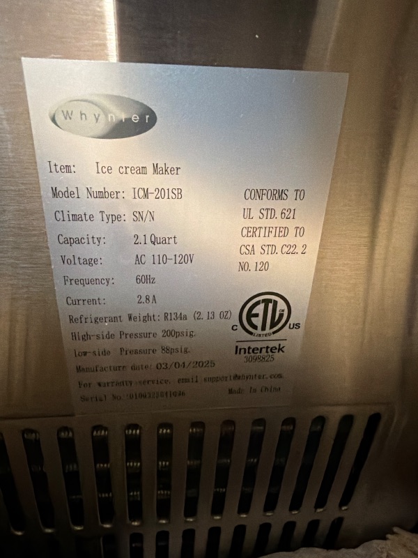 Photo 1 of ***used **Whynter Ice Cream Maker Machine Automatic 2.1 Qt. Upright with Built-In Compressor, LCD Digital Display & Timer, No Pre-Freezing, ICM-201SB, Stainless Steel