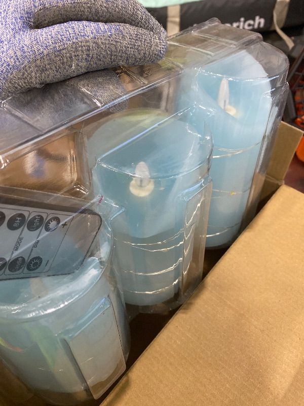 Photo 1 of *See Clerk Notes*Cafemoon Blue Flameless Candles with Remote Timer, Battery Operated with String Lights, Flickering LED Pillar Candles Real Wax Wick for Summer Holiday Room Decor, Set of 3