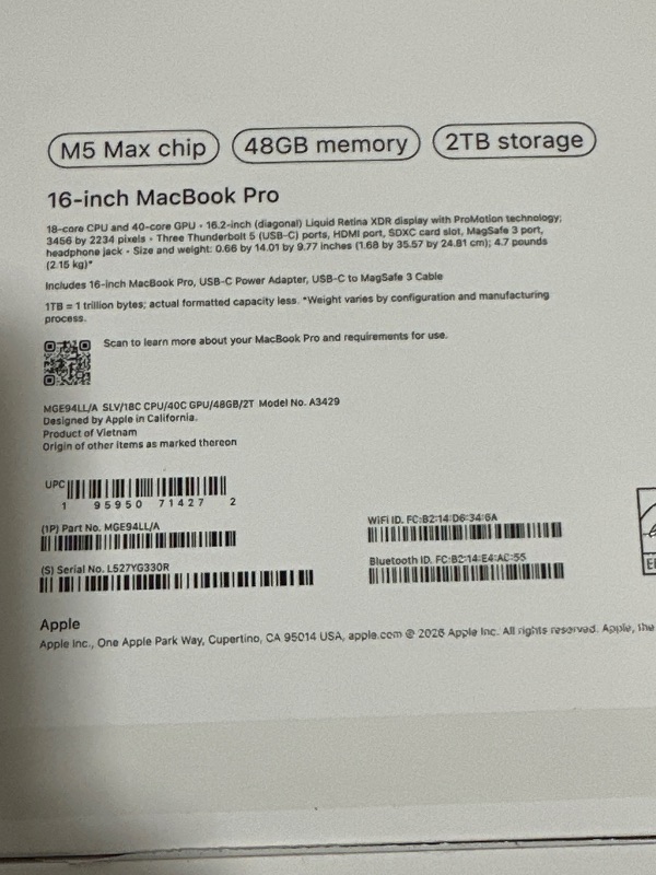 Photo 1 of Apple 2026 MacBook Pro 16.2" M5 Max 48GB RAM 2TB SSD