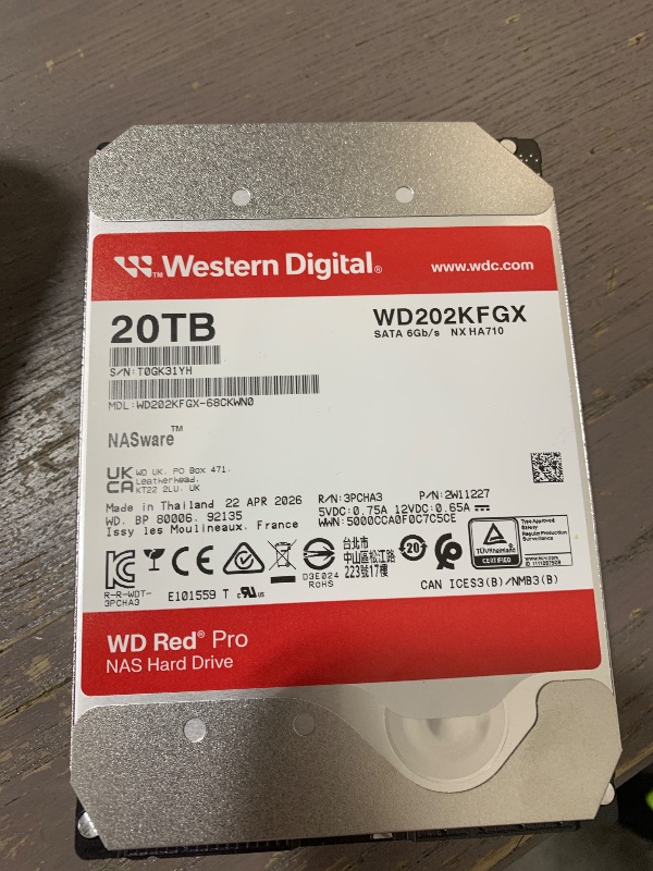 Photo 1 of Western Digital 20TB WD Red Pro NAS Internal Hard Drive HDD - 7200 RPM, SATA 6 Gb/s, CMR, 512 MB Cache, 3.5" - WD202KFGX