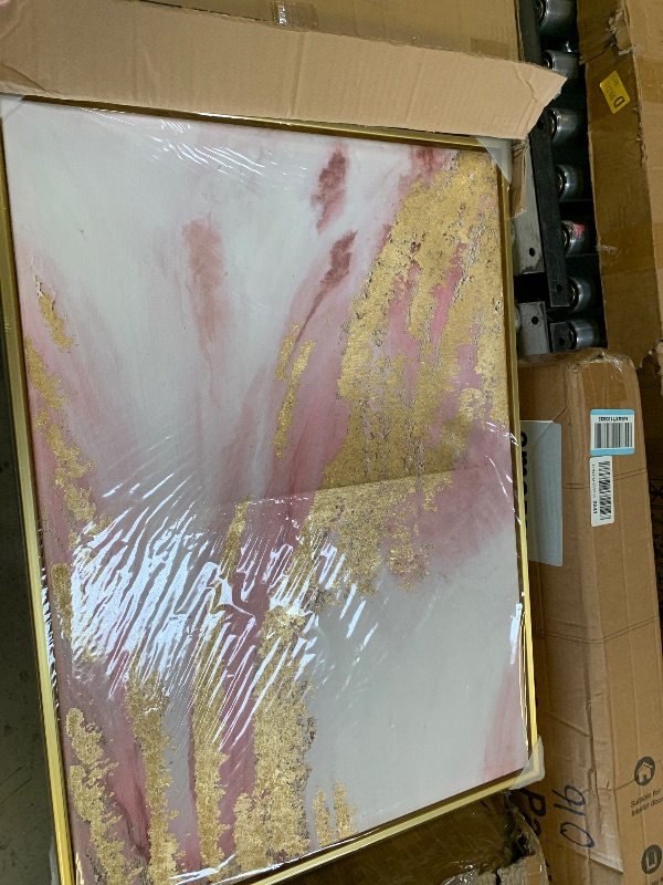 Photo 1 of Pink Abstract Canvas Wall Art For Living Room, Large Gold Abstract Painting Water Flow Shape For Bedroom, Framed Modern Wall Pictures for Home Decor Ready to Hang 28x60 inches