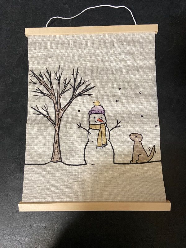 Photo 1 of Beige linen-style hanging wall scroll features embroidered rustic snowman and dog winter scenes