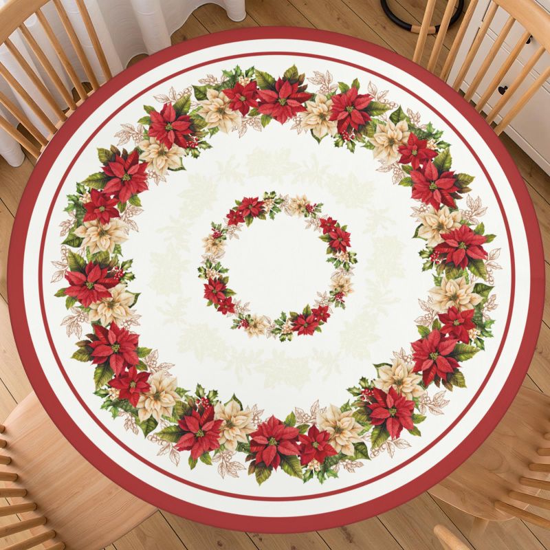 Photo 1 of Aytipun Christmas Round Fitted Tablecloth with Elastic for 44-48 Inch Tables Winter Floral Leaves Print Fitted Table Cover Waterproof Holiday Theme Farmhouse Indoor Outdoor Patio Picnic Party Decor