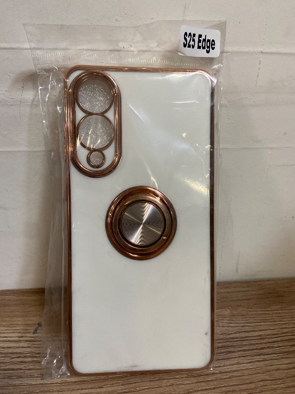 Photo 1 of Fingic for Galaxy S25 Edge Case[with 360°Rotatable Ring Holder] Support Magnetic Car Mount Shiny Plating Gold Slim Thin Soft TPU Rugged Bumper Anti-Scratch Case for Galaxy S25 Edge for Girl Boy,White