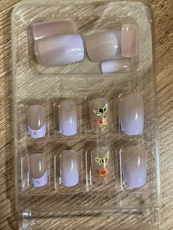 Photo 1 of Butterfly Press On Nails - Medium Square Purple French Tip False Nails with Gold Foil Design, 24pcs
