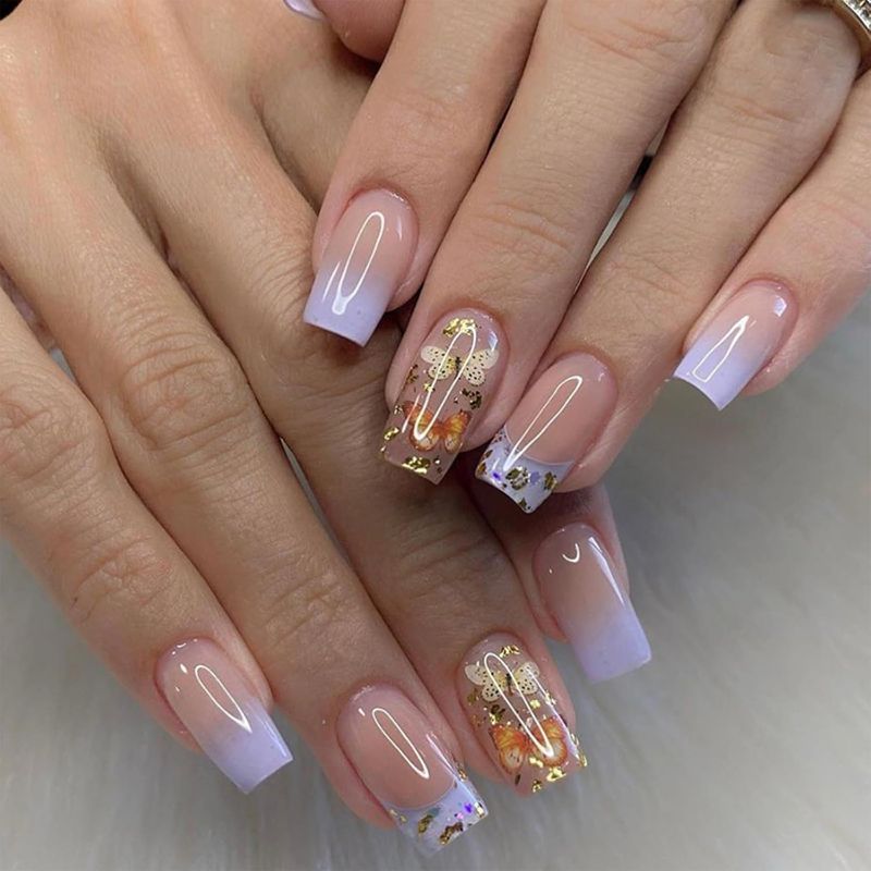 Photo 1 of Butterfly Press On Nails - Medium Square Purple French Tip False Nails with Gold Foil Design, 24pcs