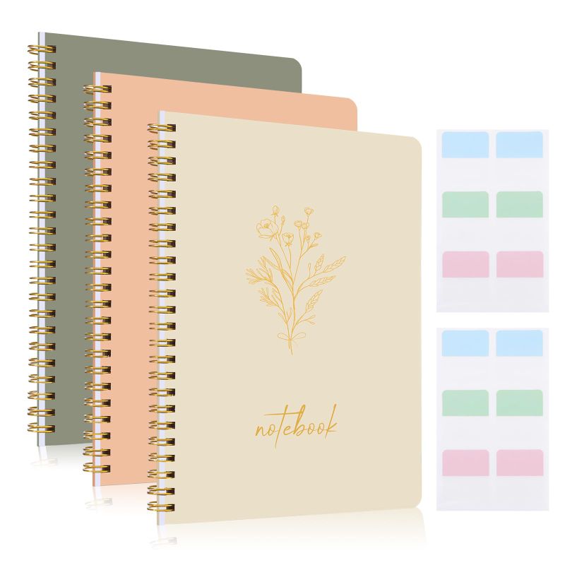 Photo 1 of 3 Pcs Spiral Notebook 5.9x8.3, 140 Pages Small Notebook for Women A5 College Ruled Journals Cute Notebooks with Large Pockets and Index Stickers for Home School Office Use Green, Beige, Orange